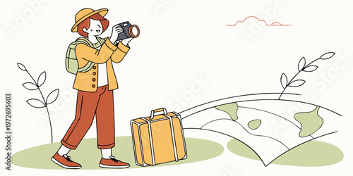 A cartoon illustration of a woman with a camera and suitcase looking at the globe, symbolizing travel and exploration with a sense of adventure and wanderlust