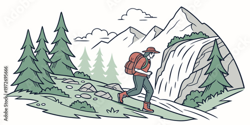 A cartoon illustration of a hiker walking on a path with a backpack and hat, surrounded by trees, mountains, and a waterfall in a scenic landscape