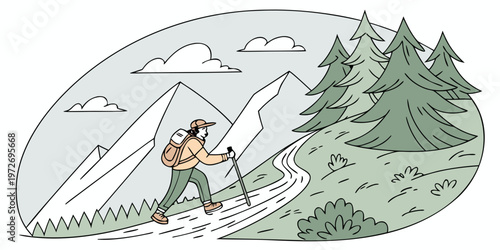 A hiker with a backpack and trekking poles walking on a winding trail through a scenic mountain landscape with pine trees and clouds in the background