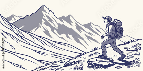 A man hiking on a mountain trail with a backpack and hat, looking out at the stunning mountain range landscape