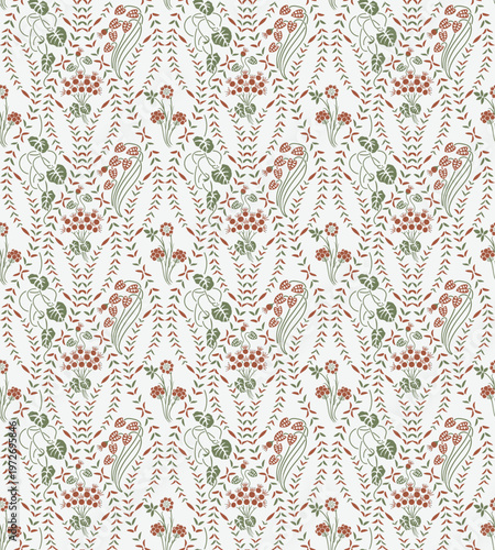 Traditional   Block Print Floral Pattern in Earthy Tones, its traditional Indian aesthetic and rhythmic, vertical composition.