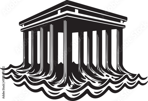 Black and white of a classical building with columns standing on wavy water also transparent background
