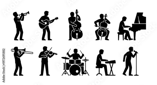 Musical instruments silhouette icons, professional musicians playing in orchestra and band, set of 10 black vector figures for concert posters