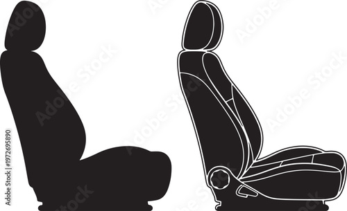 Black silhouette and outline of a car seat with headrest on white background also transparent background