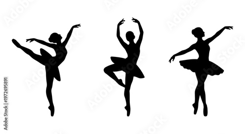 Graceful ballerina silhouettes in various dance poses, elegant ballet dancer vector set, black female performer figures on white background