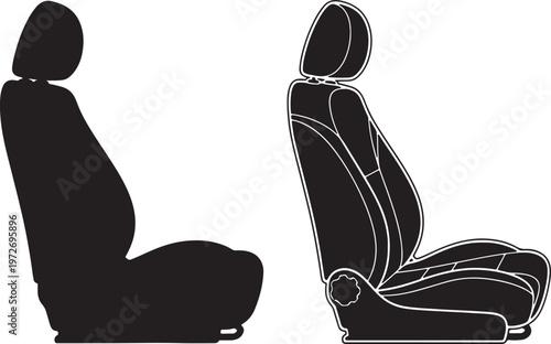 Black silhouette and outline of a car seat side profile on a white background also transparent background