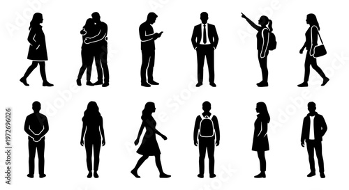 Photos Black silhouettes of people in various poses, set of 12 human figures walking an