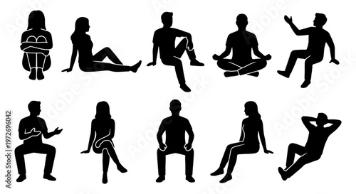 Sitting people silhouettes set, collection of 10 black vector icons of men and women in various seated poses, casual human figures resting and relaxing