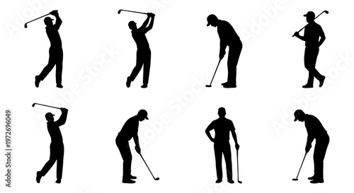 Professional golf player silhouettes set, 8 male golfer vector icons in various swing poses, black athletic figures for sports tournament branding