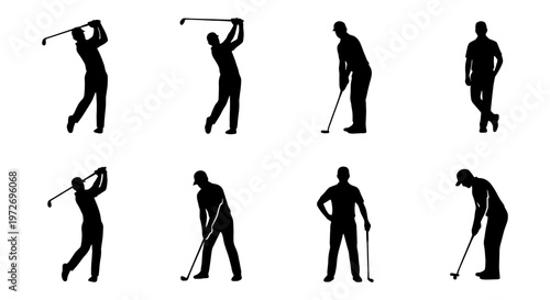 Professional golf player silhouettes set, male golfer swinging club and putting, 8 black vector icons of athletes in sports poses on white background