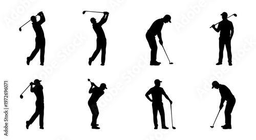 Golf player silhouettes set, 8 professional golfer vector icons, male athletes swinging golf clubs and putting, black sport figures on white background