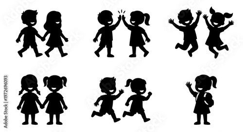Happy children silhouettes set, group of kids playing and jumping vector icons, black childhood friendship symbols for school and education designs