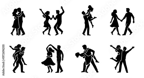 Dancing couple silhouettes set, romantic ballroom and swing dance vector icons, 8 black figures of men and women in motion for wedding invitations