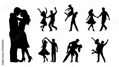 Romantic dancing couple silhouettes, set of 8 ballroom and swing dance vector elements, black figures of men and women in love