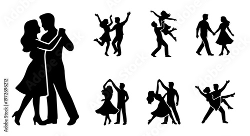 Dancing couple silhouettes set, romantic ballroom dance icons, 7 vector elements of people dancing together, wedding and party celebration graphics