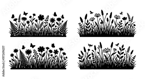 Wildflower meadow silhouette set, black floral grass borders with butterflies, botanical garden plant elements for laser cutting and vinyl decals