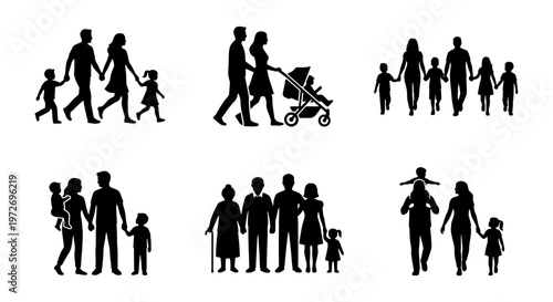 Family silhouette set with parents and children, diverse family group collection, black human figures walking and standing, vector icons for social design
