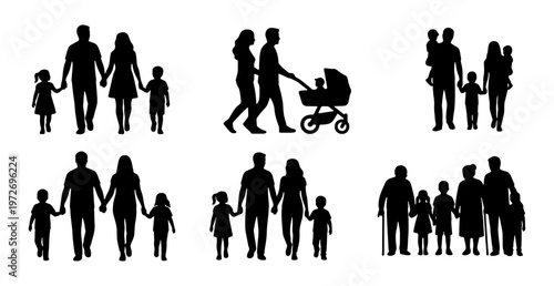 Family silhouettes collection, set of 6 diverse family groups with parents and children, black vector silhouettes of people walking and standing