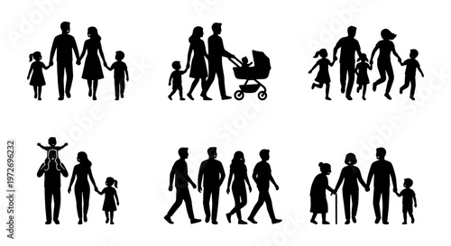 Family silhouette vector set, diverse group of parents and children walking, black silhouettes of people and couples with baby stroller