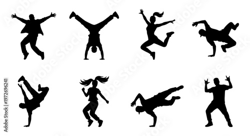 Active people silhouettes set, jumping and dancing figures in motion, collection of 8 black vector icons of breakdancers and energetic youth