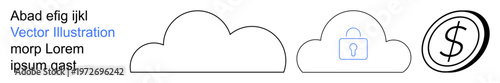 Data security, cloud technology, online transactions, cybersecurity, finance, digital storage. Three clouds, a padlock and a currency icon. Data security and online transactions concept