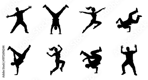 Dynamic breakdance silhouettes set, 8 urban street dancer vector elements, active hip hop performers in motion, athletic people dancing and jumping