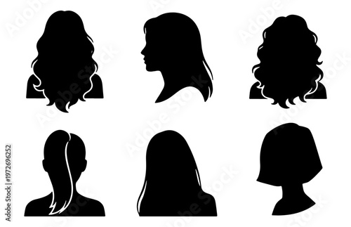 Woman hair silhouette set, female hairstyle collection with 6 vector icons, black head profile and back view portraits for beauty salon branding