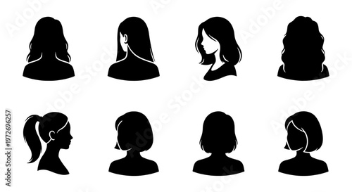 Woman hairstyle silhouette collection, 8 female head profile and back view icons, elegant lady hair fashion vector set for beauty salon branding