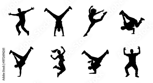 Dynamic breakdance silhouettes set, 8 urban street dancer vector icons, active hip hop performers in acrobatic poses, athletic people jumping and dancing