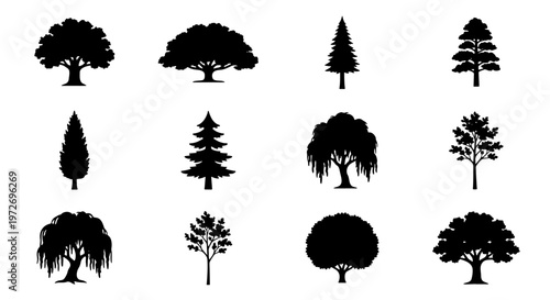 Black tree silhouettes collection, set of 12 botanical vector icons, minimalist forest and garden tree shapes for landscape design and mapping