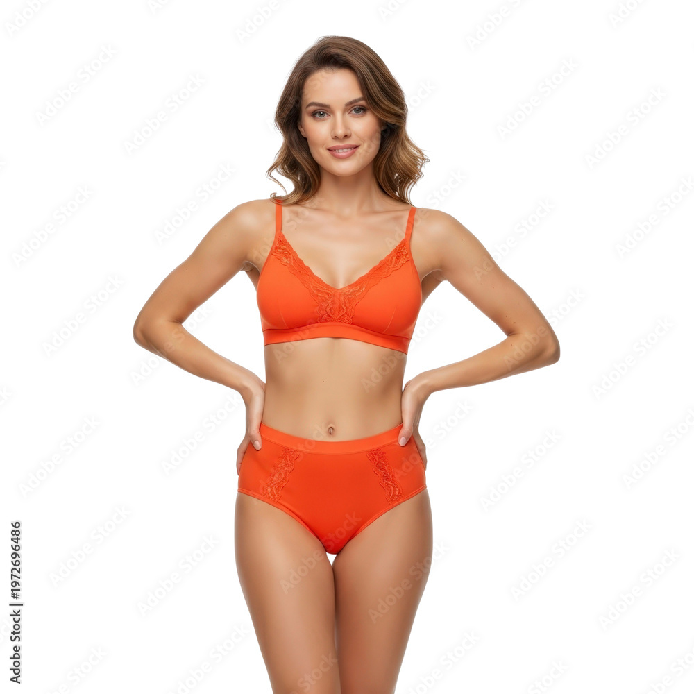 Obraz premium Woman in orange lingerie with hands on hips
