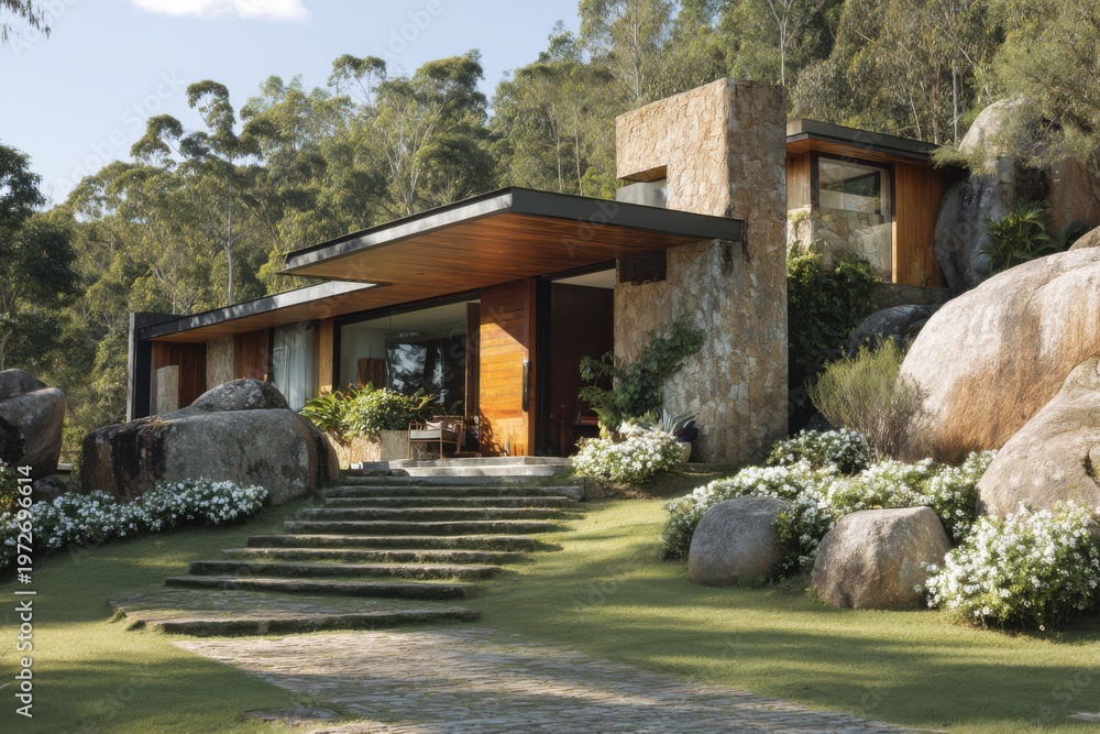 Fototapeta premium A contemporary house design harmoniously integrated into a natural landscape, featuring impressive large rocks and vibrant garden flowers adorning the entrance