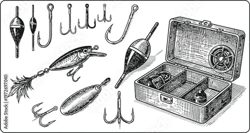 Fishing Tackle Assortment: Lures Hooks Floats and Tackle Box Laid Out for Angler's Preparation Vintage Illustration Style