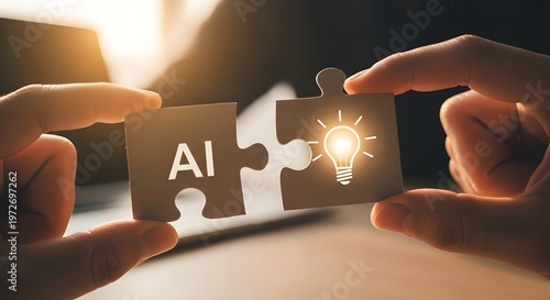 Human hands fitting together puzzle parts with AI and lightbulb symbols. A perfect visual for themes of advanced technology, strategic innovation, and future-ready solutions in the modern era