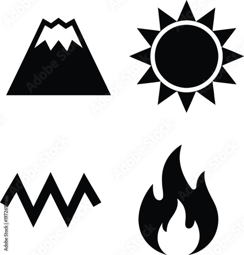 Four elemental icons representing nature's fundamental forces and phenomena isolated on white background, Vector