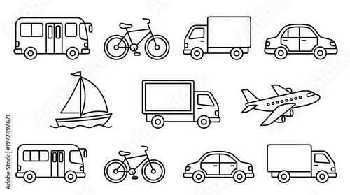 Collection of Transportation Icons and Vehicles in Line Art Style