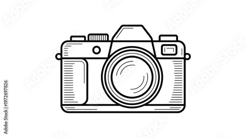 Camera Line Drawing Illustration with Minimal Photography Equipment Outline