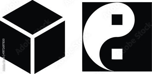 Contrast between geometric cube and yin yang symbol with a square disruption. isolated on white background, Vector