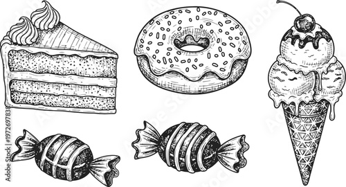 Hand-Drawn Desserts Assortment: Cake Slice Donut Candies Ice Cream Cone Sketch Style