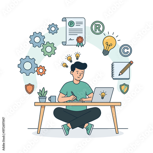 A man sits at a desk with a laptop, surrounded by symbols of innovation and intellectual property rights, including a trademark and copyright icons, in a minimalist flat design illustration.