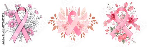 Pink ribbon Breast Cancer symbol with flowers isolated on transparent background, flat design