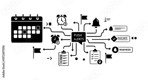 Directional Reminder Calendar with Notification Flow Arrows Black Silhouette Minimal UI Vector Illustration