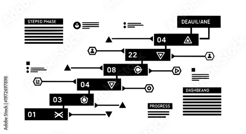 Stepped Phase Gantt Project Timeline with Milestones and Deadlines Black Silhouette Vector Illustration