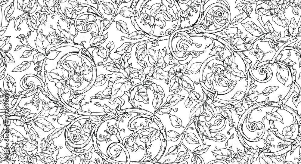 Obraz premium Intricate Floral Scrollwork Pattern Delicate Leaves and Vines Vintage Botanical Illustration Textile Design Black and White