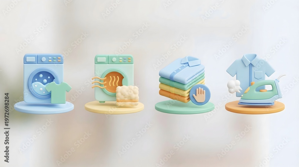 Fototapeta premium 3D Rendered Laundry Process Icons: Washing, Drying, Folding, and Ironing Clothes in Pastel Colors