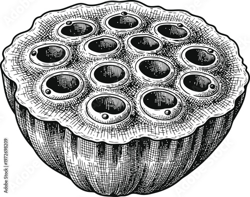 Lotus Seed Head Cross Section Detailed Engraving Botanical Study