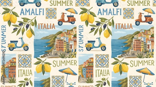 Italian Summer Seamless Pattern with Amalfi Coast Town, Lemons, Olives, and Scooters