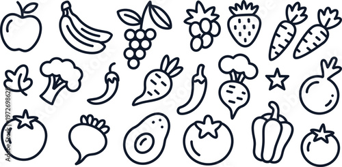 Fruits and vegetables doodle icons set hand drawn outline vector illustration for web