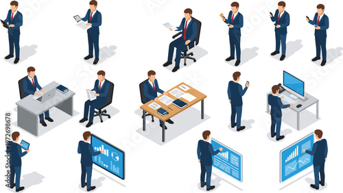 Isometric business people working with laptops, documents, analytics screens, and office tasks collection of professional workflow situations vector illustration
