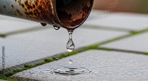 A close up view of a single drop of water falling from a rusty metal pipe onto a paved surface illustration